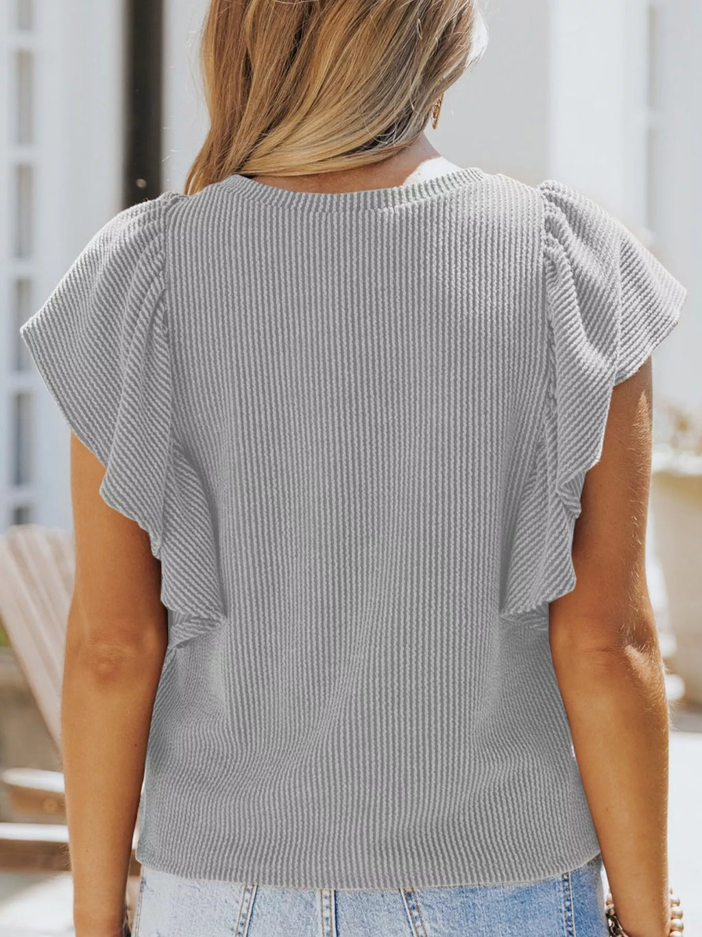 Ruffled Sleeve Ribbed Knit T-Shirt Plus Size in Dark Green for Women