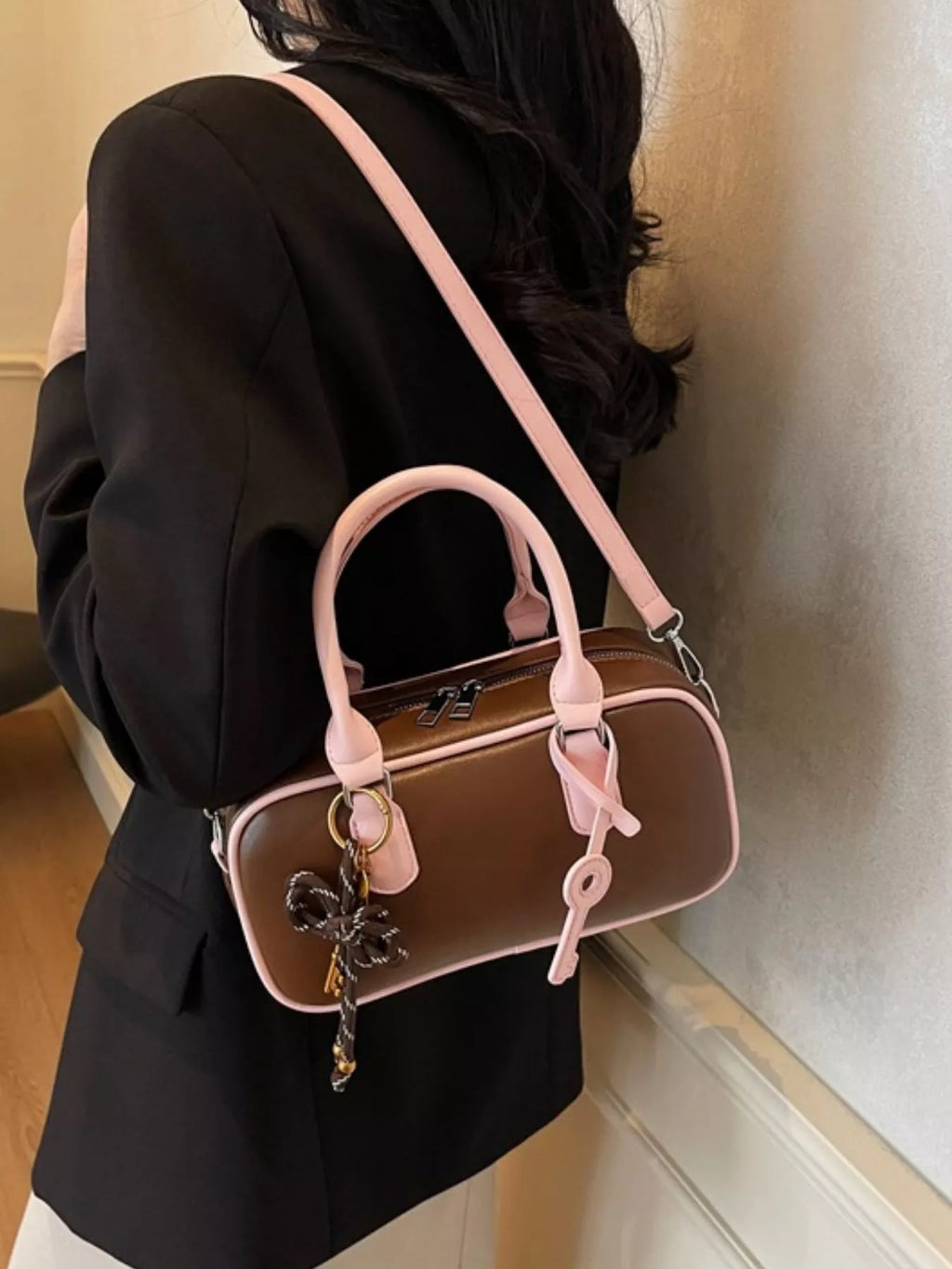 Barrel Crossbody Bag with Key Charm for Women