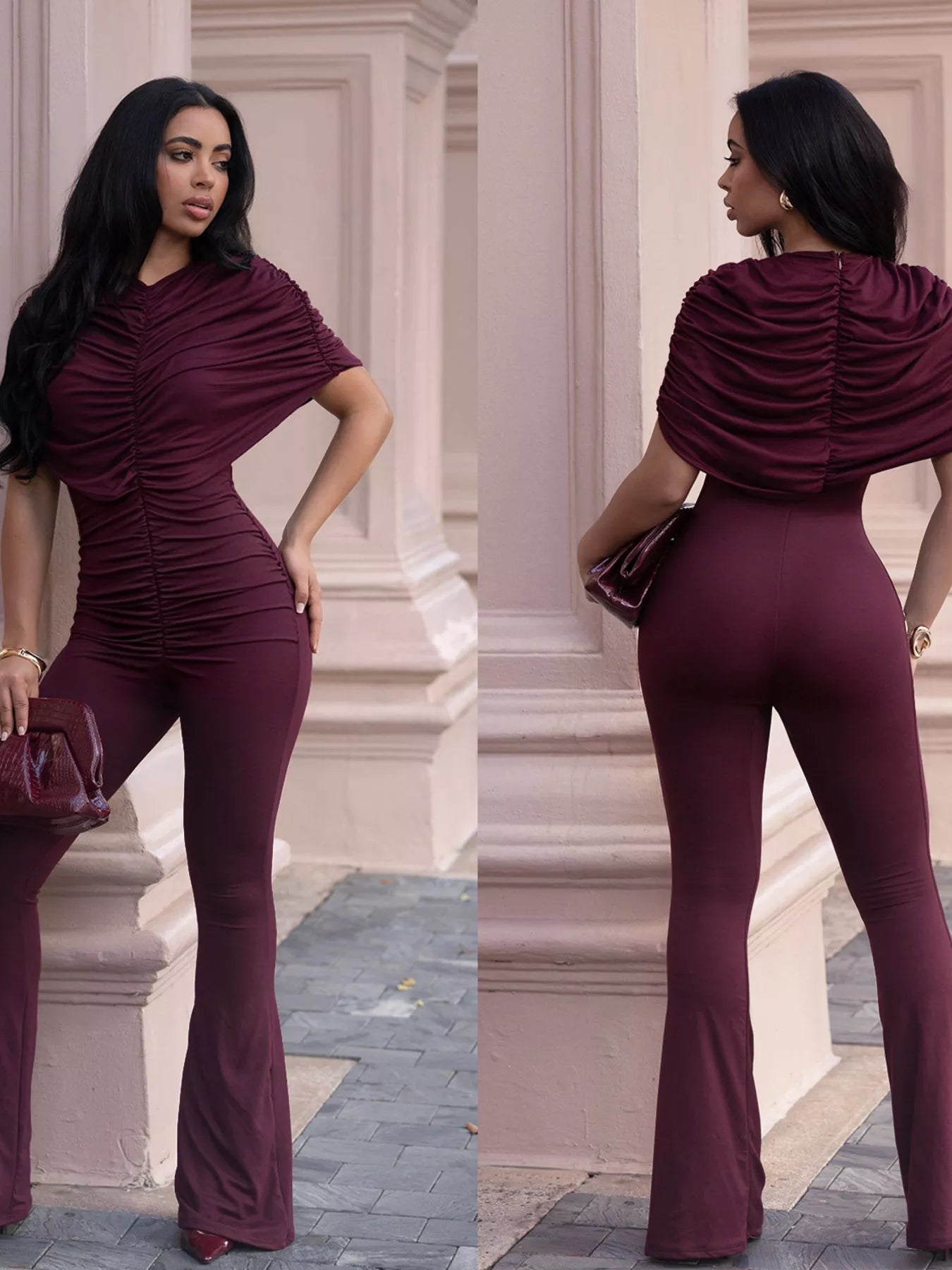 Ruched Flare Leg Jumpsuit in Burgundy for Women