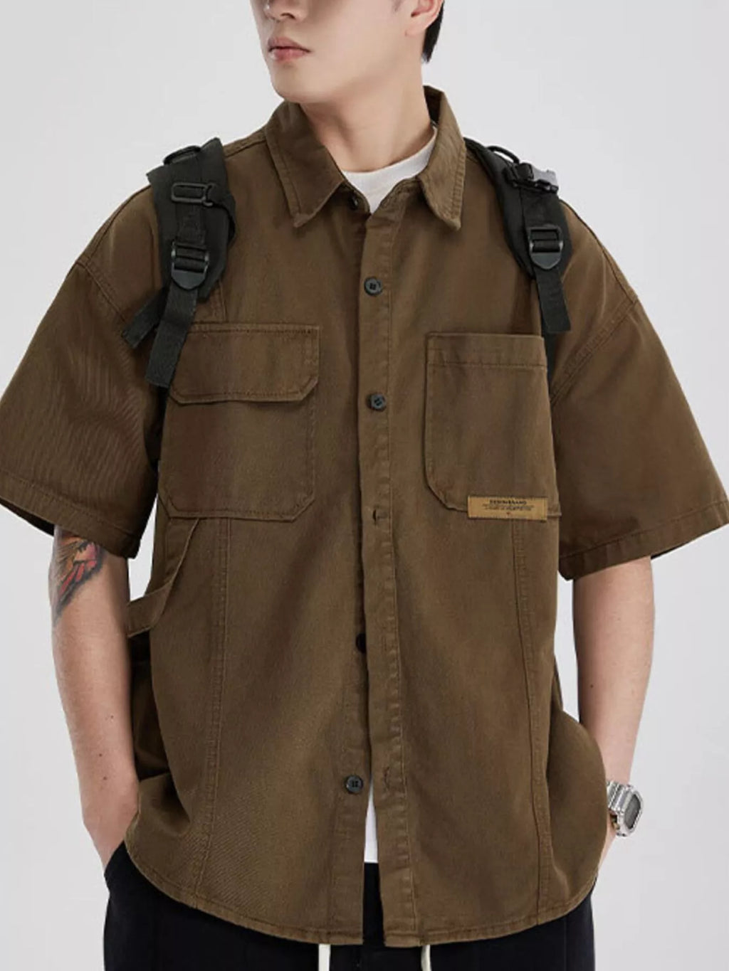 Button Up Half Sleeve Shirt Plus Size in Gray in Khaki for Men