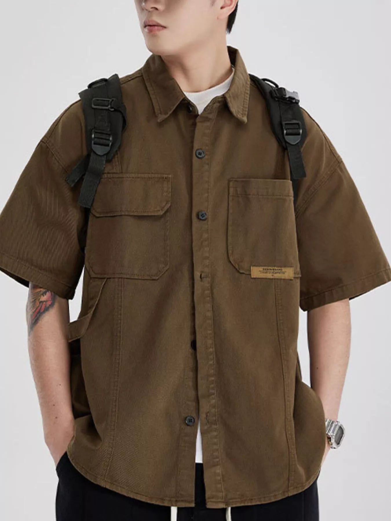 Button Up Half Sleeve Shirt Plus Size in Gray in Khaki for Men