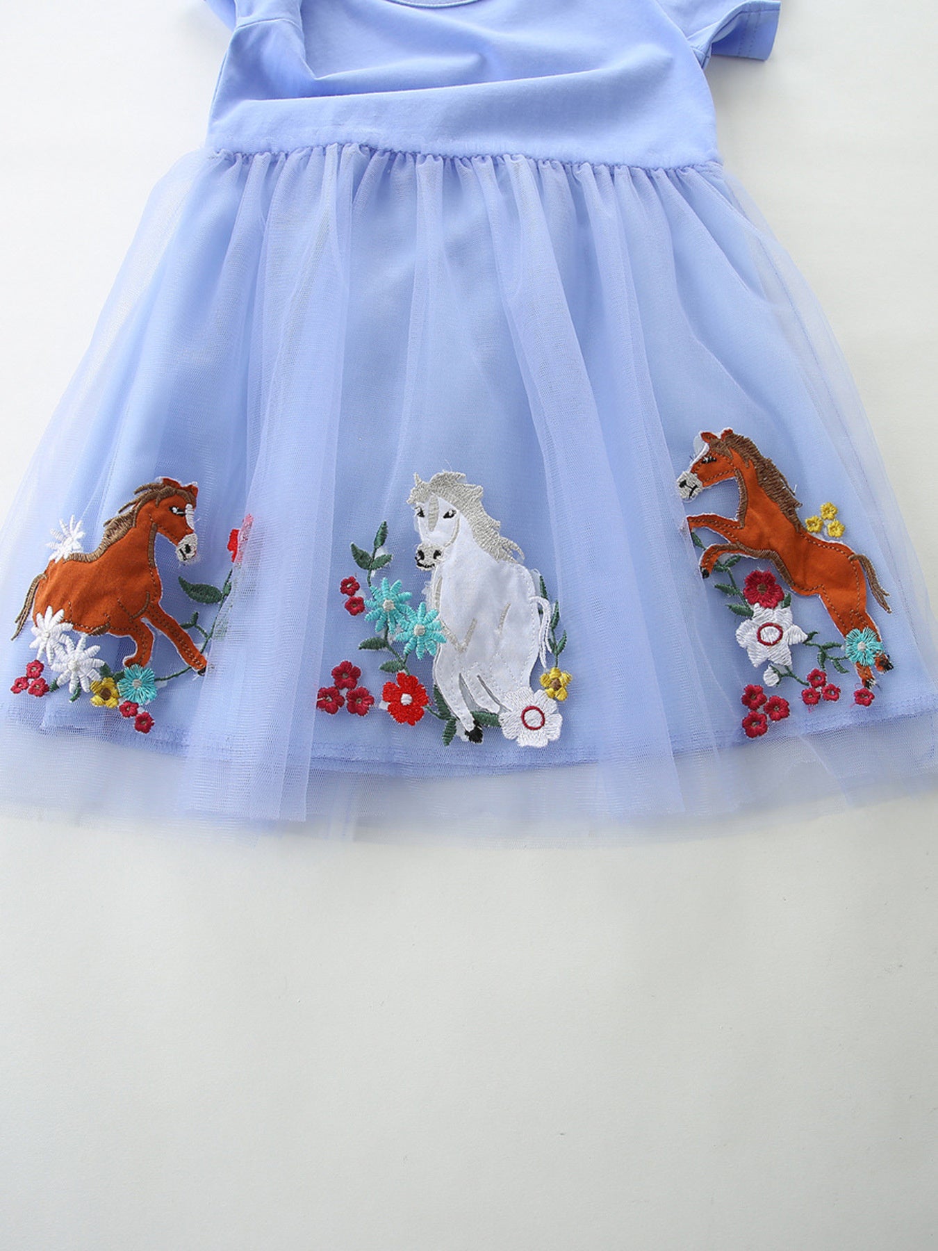Horse Embroidered Tulle Dress in Dusty Blue for Girls