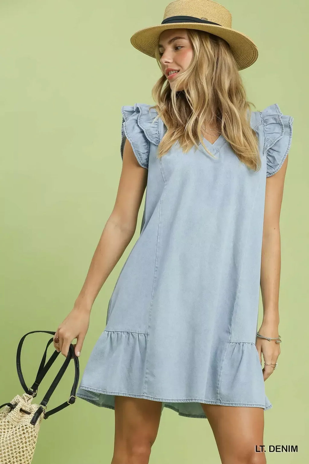 Chambray Ruffled Denim Dress with Side Pockets for Women