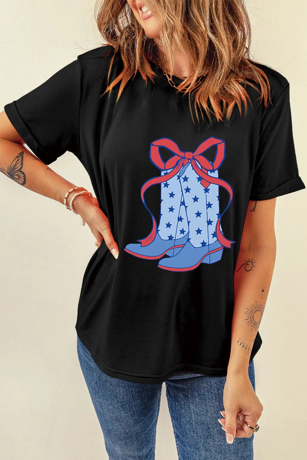 Boot Graphic Round Neck Short Sleeve T-Shirt in Black for Women