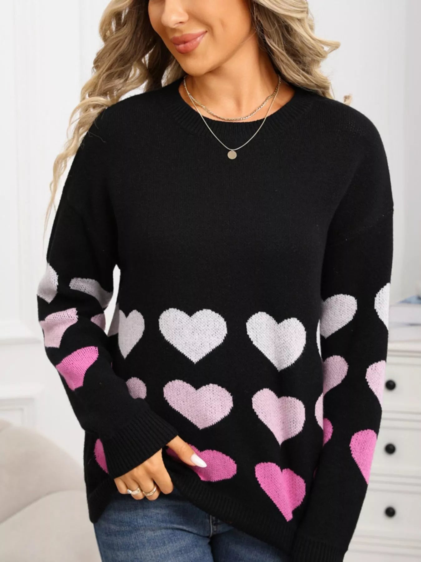 Valentines Day Heart Pattern Crew Neck Sweater for Women