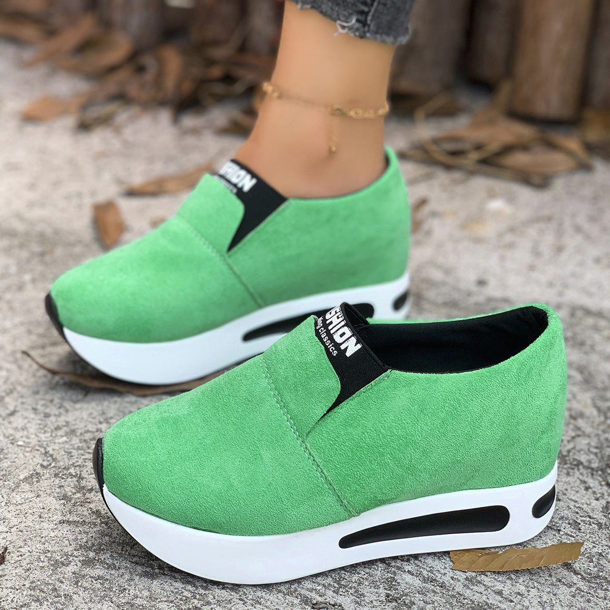 Round Toe Platform Slip-Ons in Black for Women