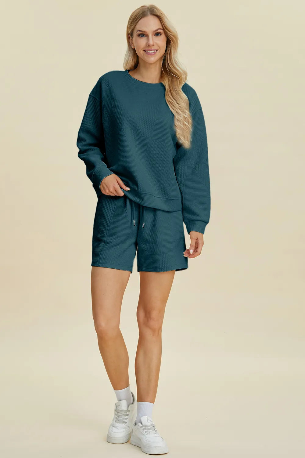 Plus Size Texture Round Neck Long Sleeve Top and Shorts Set in Peacock Blue for Women