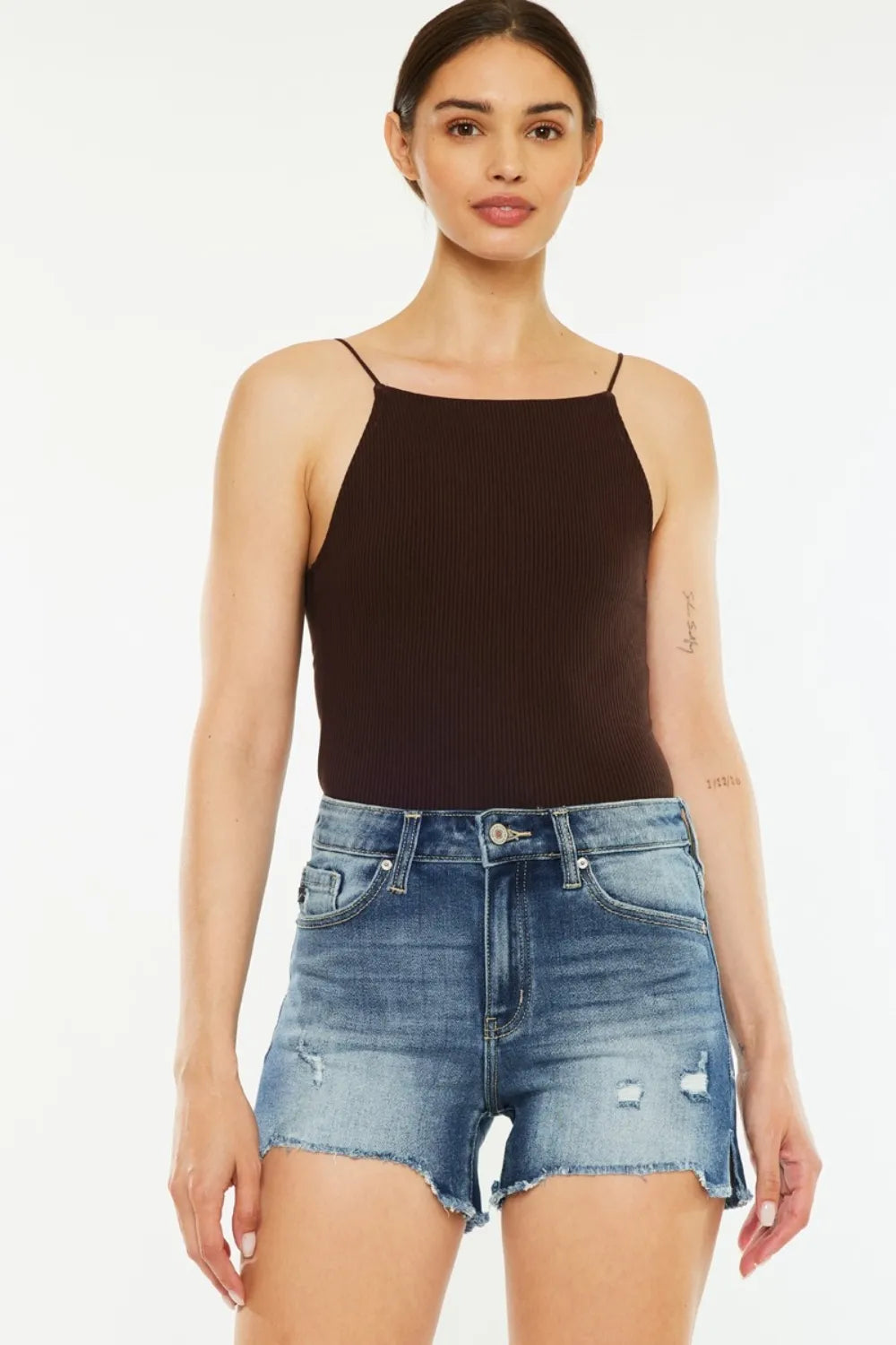 High Waist Raw Hem Denim Shorts in Dark for Women