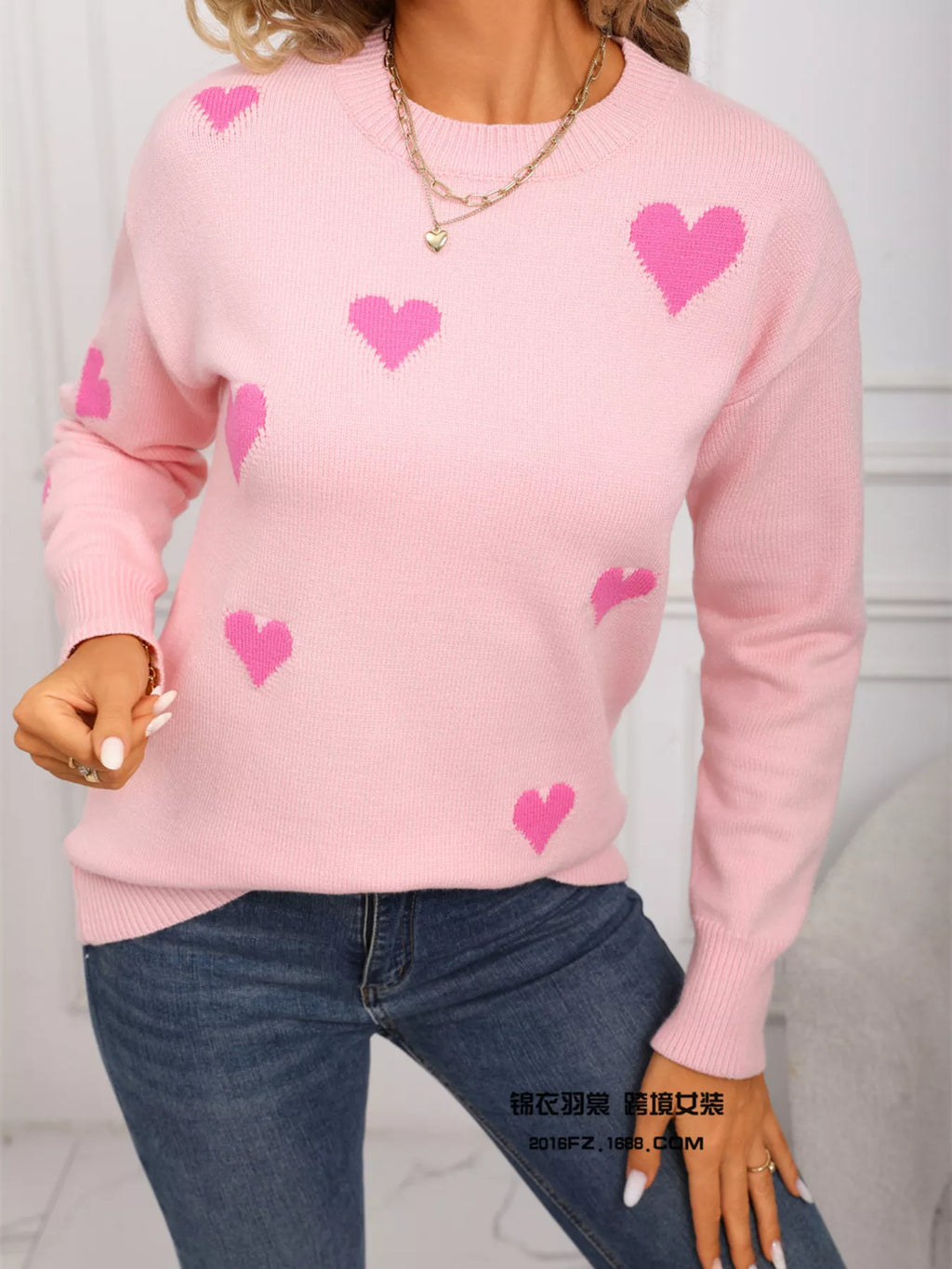 Valentines Day Heart Print Round Neck Sweater in Pink for Women