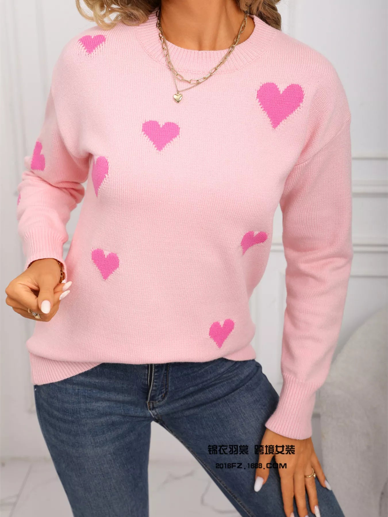 Valentines Day Heart Print Round Neck Sweater in Pink for Women