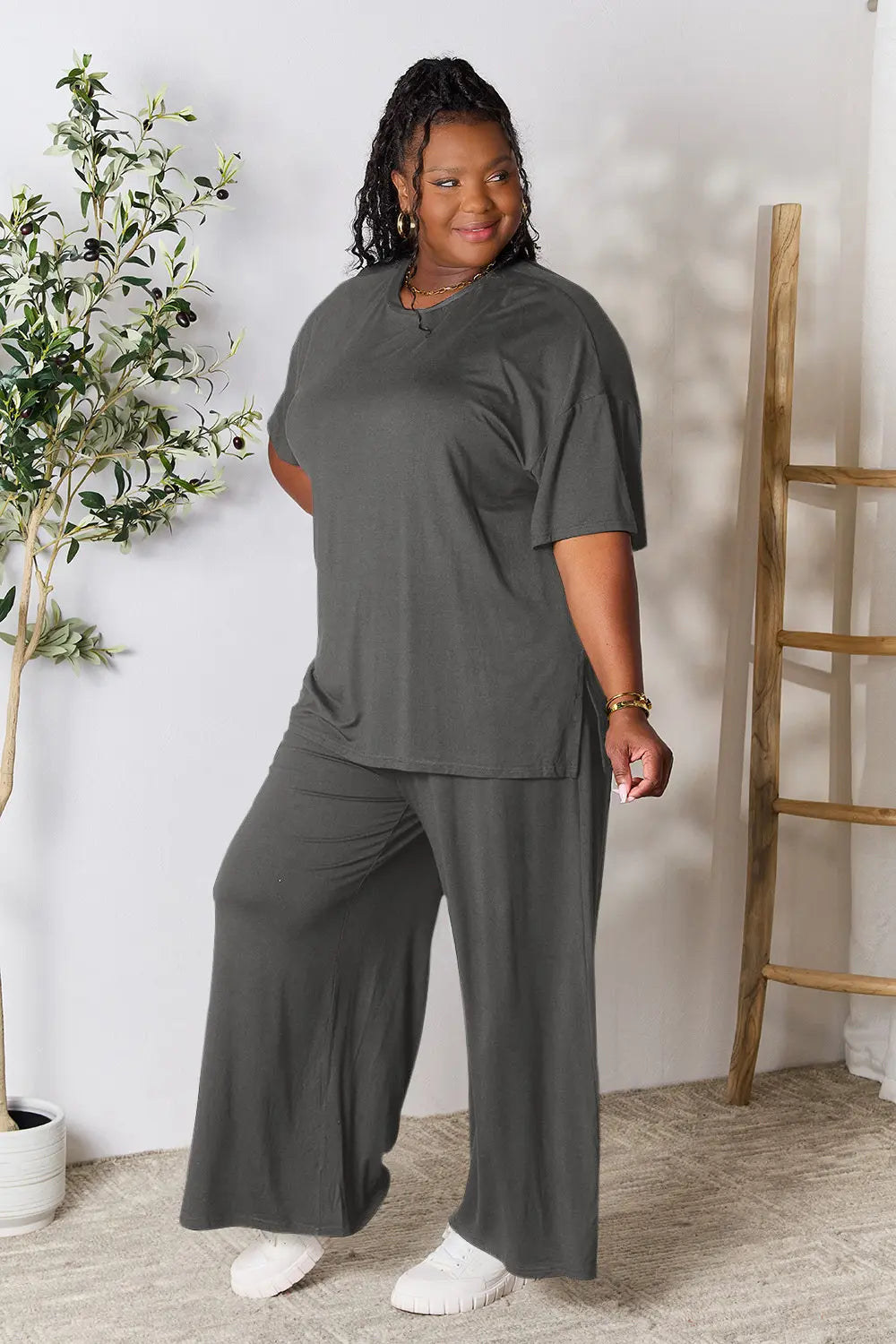Plus Size Round Neck Slit Top and Pants Set in Dark Gray for Women