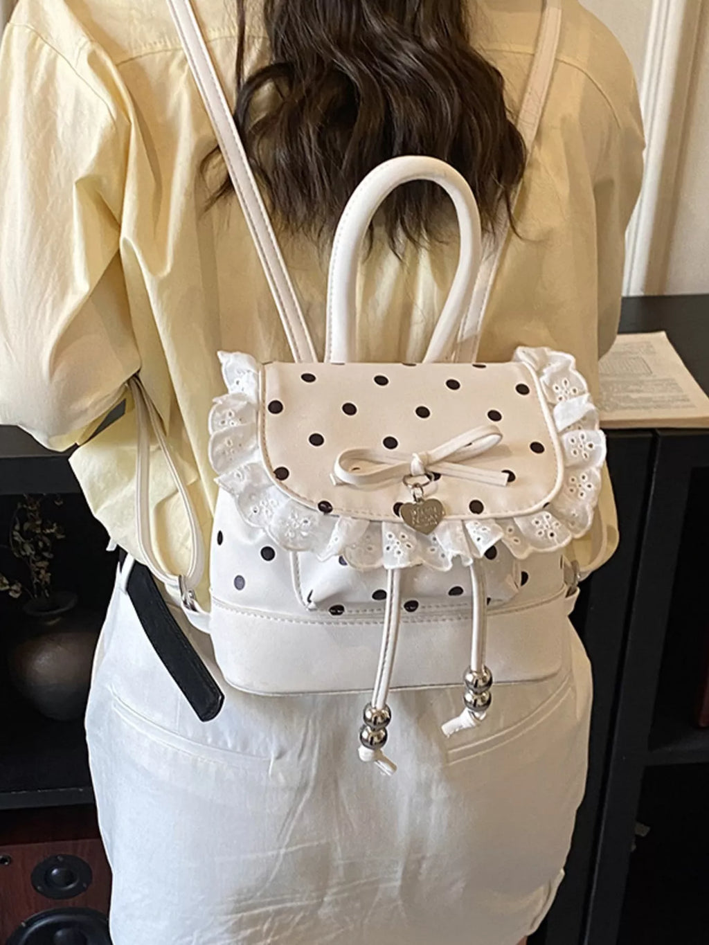 Polka Dot Lace Trim Backpack Bag in Black for Women
