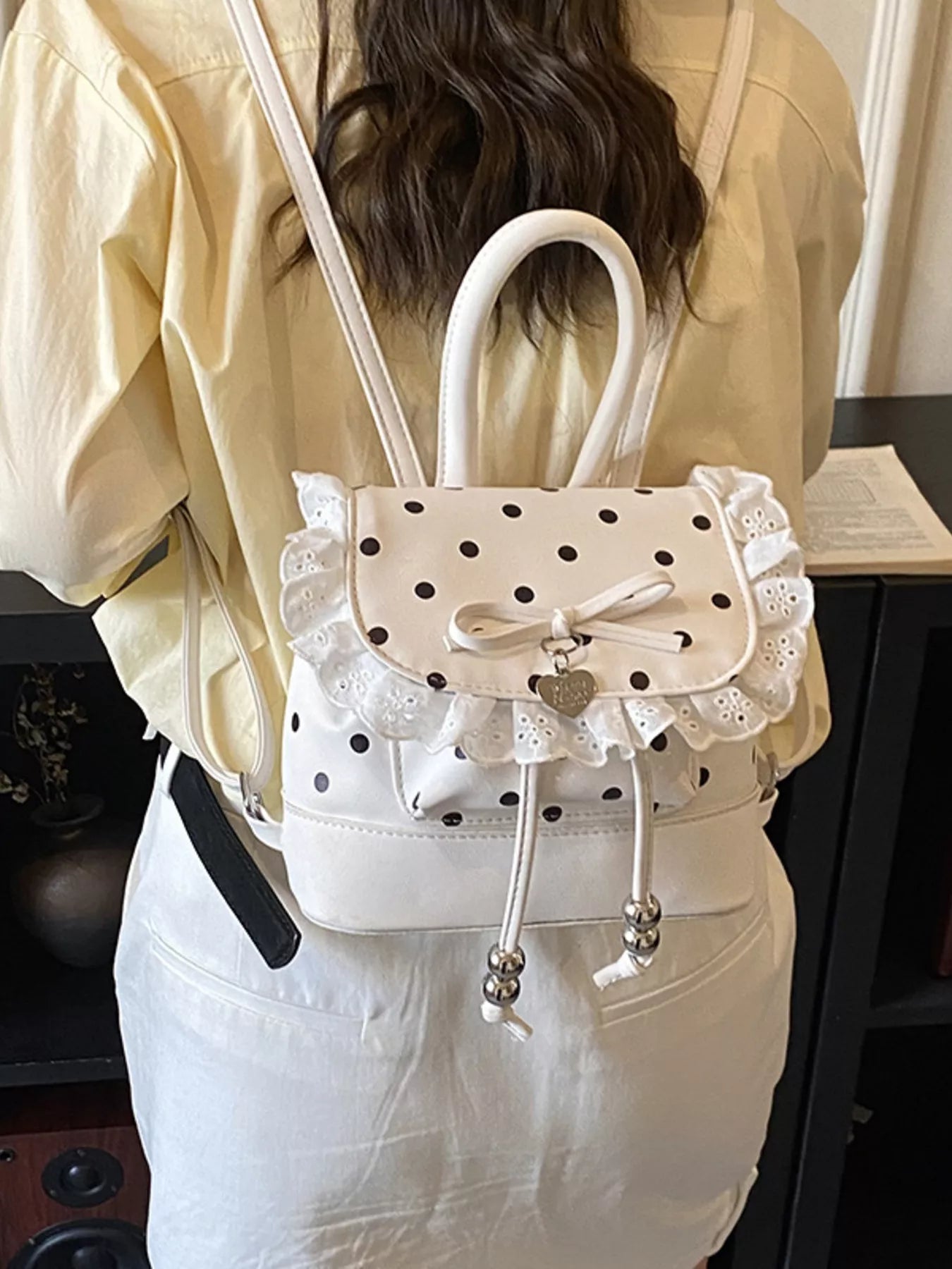 Polka Dot Lace Trim Backpack Bag in Black for Women