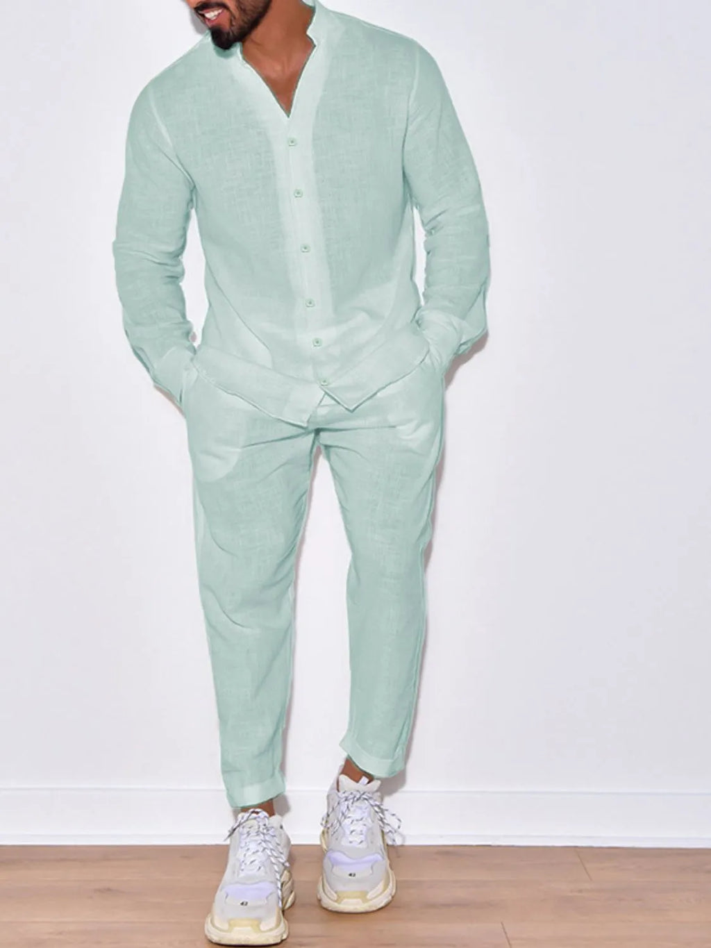 Button Up Long Sleeve Top and Pants Set in Beige for Men