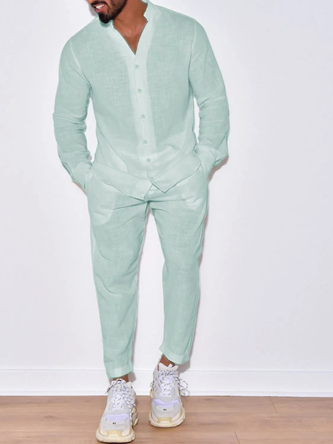 Button Up Long Sleeve Top and Pants Set in Beige for Men