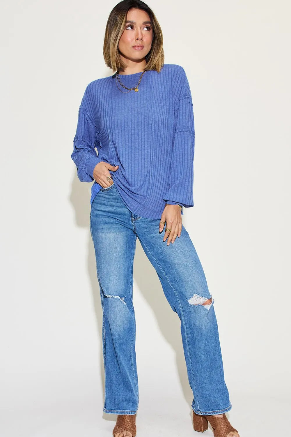 Plus Size Ribbed Round Neck Long Sleeve T-Shirt in Teal for Women