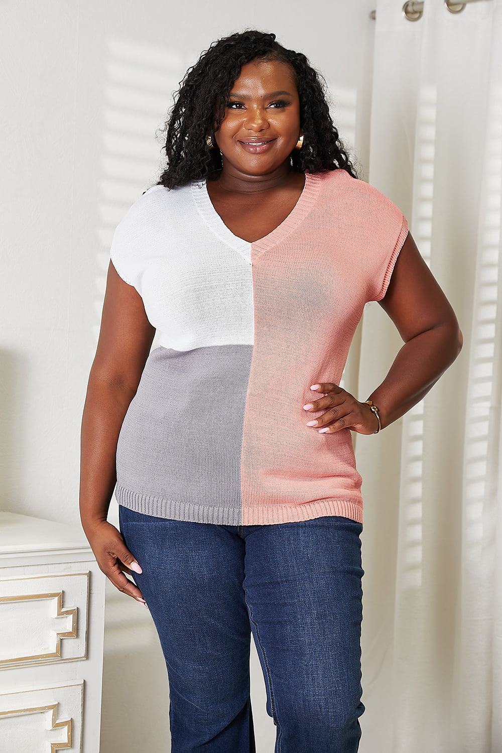 Color Block V-Neck Knit Top for Women