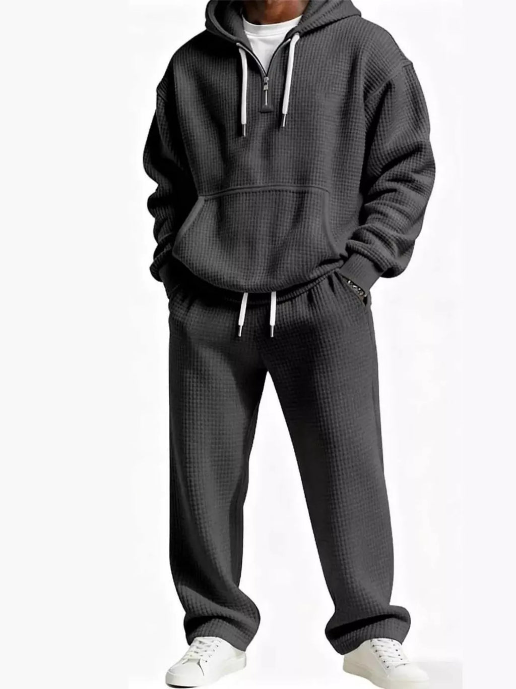 Casual Waffle Knit Hoodie and Pants Set Plus Size in Rust for Men