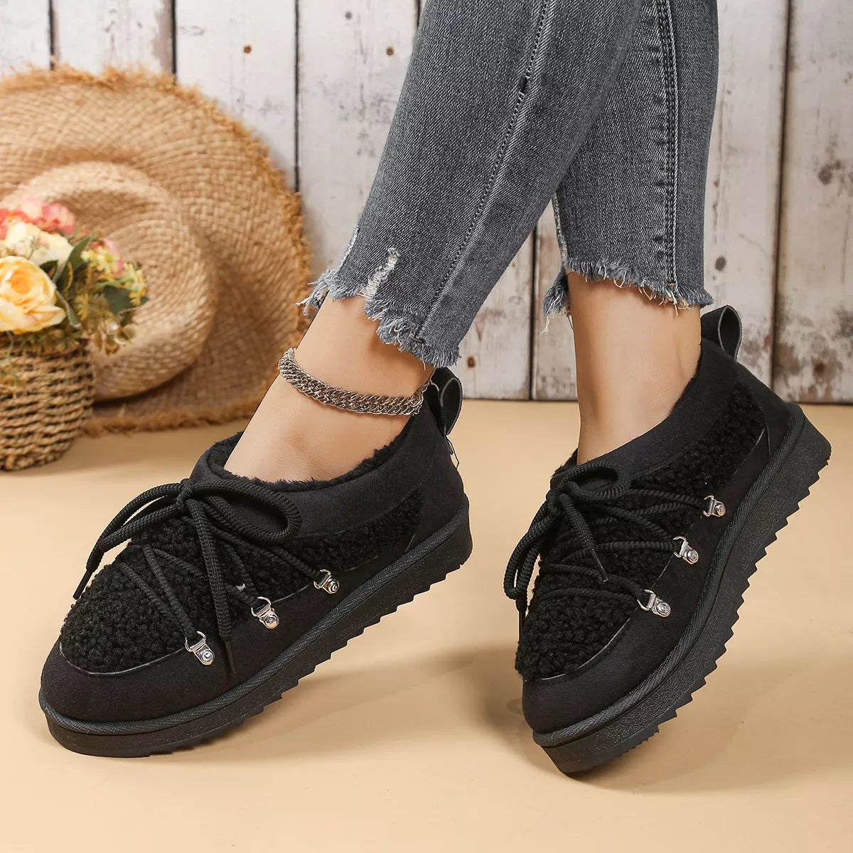 Lace Up Round Toe Platform Ankle Boots in Black for Women