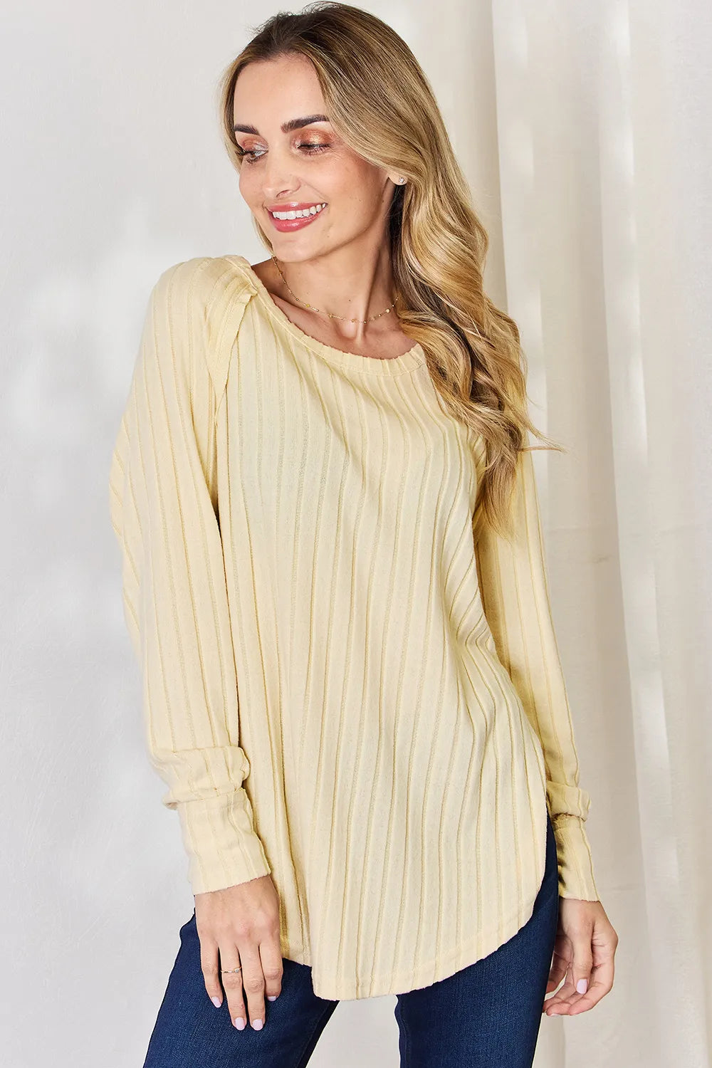 Plus Size Ribbed Round Neck Slit T-Shirt in Light Yellow for Women