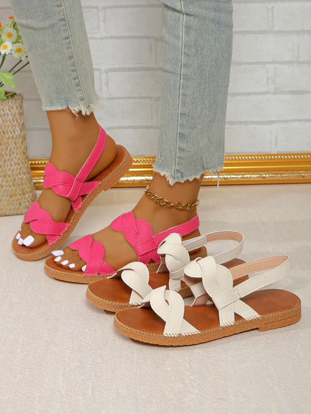 Open Toe Flat Sandals in Rose Red for Women