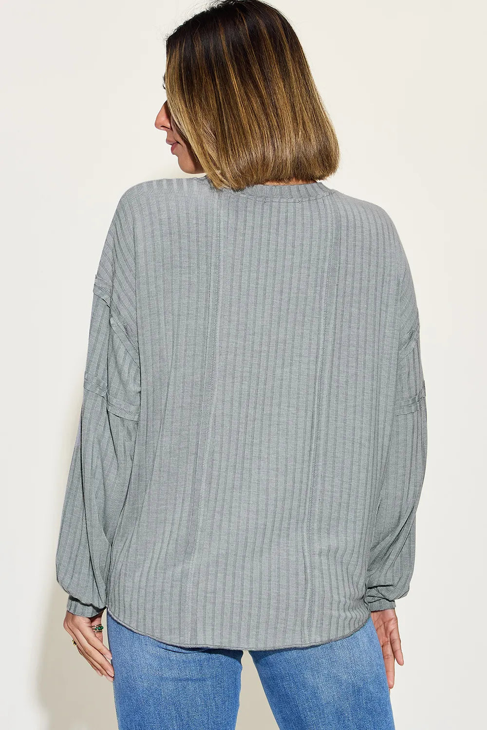 Plus Size Ribbed Round Neck Long Sleeve T-Shirt in Gray for Women