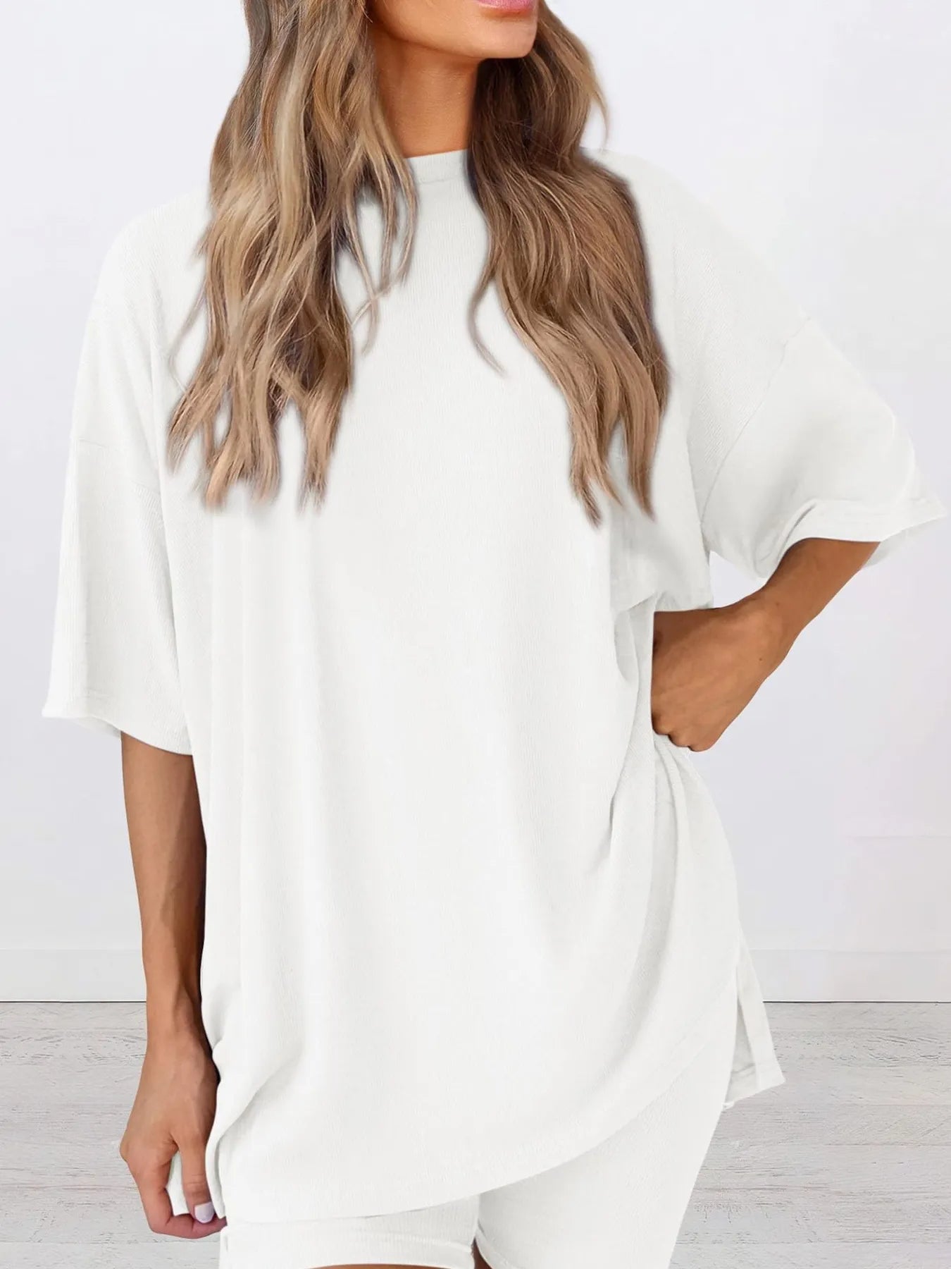 Oversized Slit Round Neck Top and Shorts Lounge Set Plus Size in Black for Women