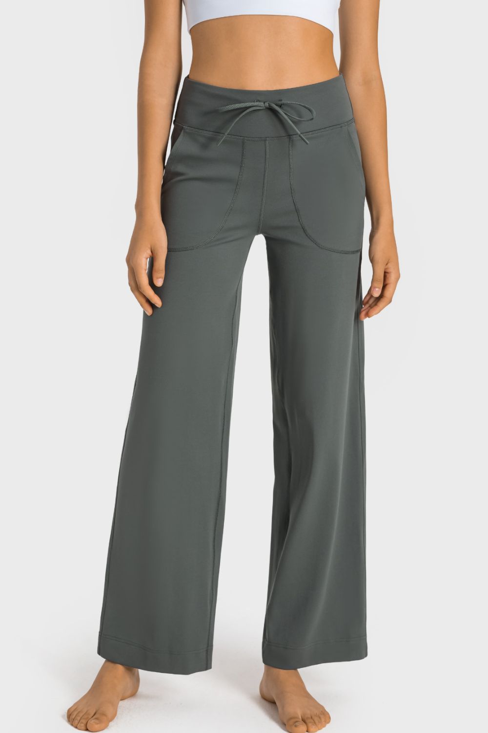 Drawstring Waist Wide Leg Sports Pants with Pockets in Gray for Women