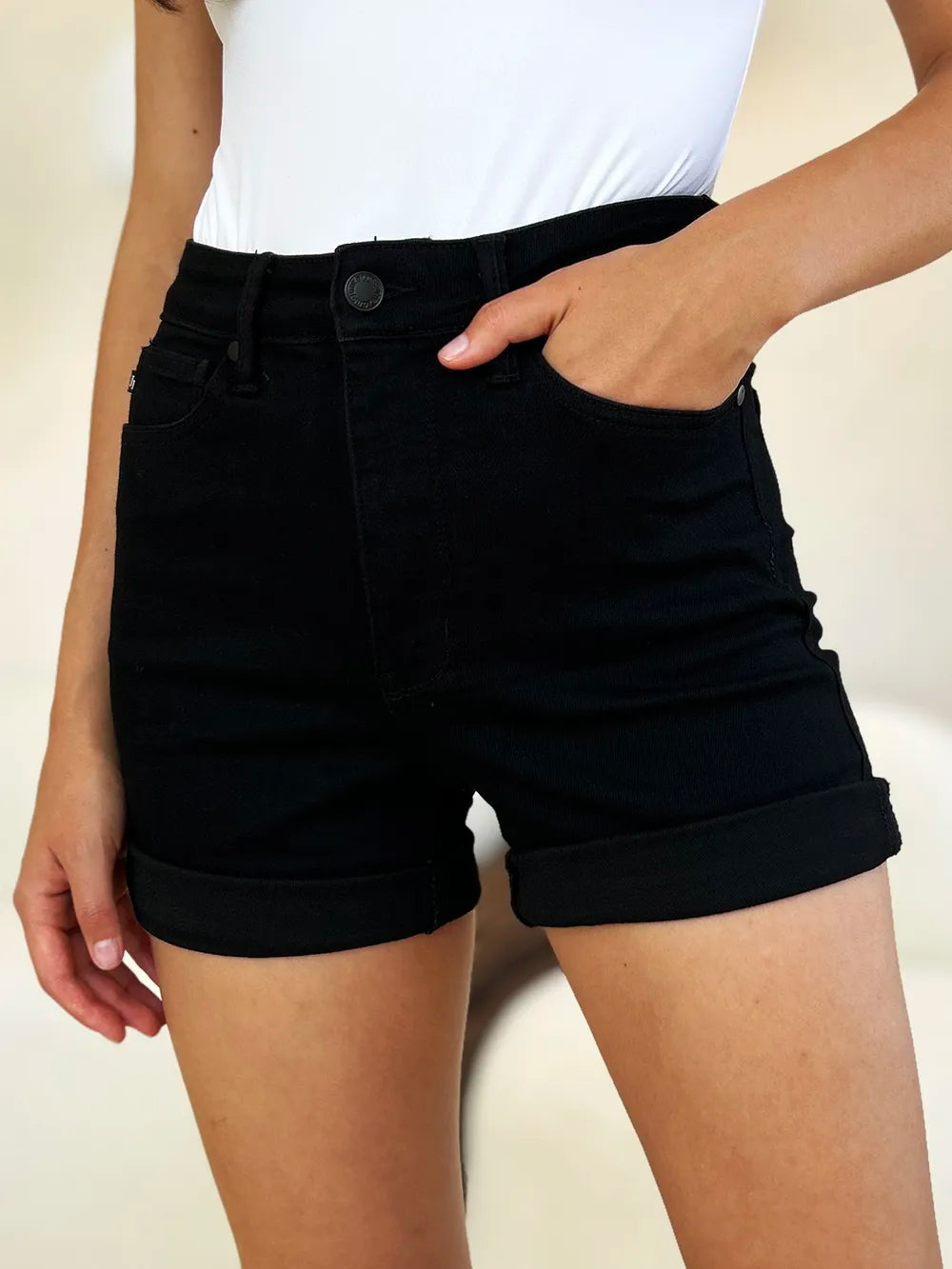 Plus Size High Waist Tummy Control Cuffed Denim Shorts in Black for Women