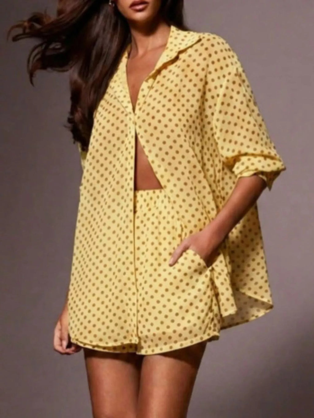 Polka Dot Button Up Shirt and Shorts Set for Women