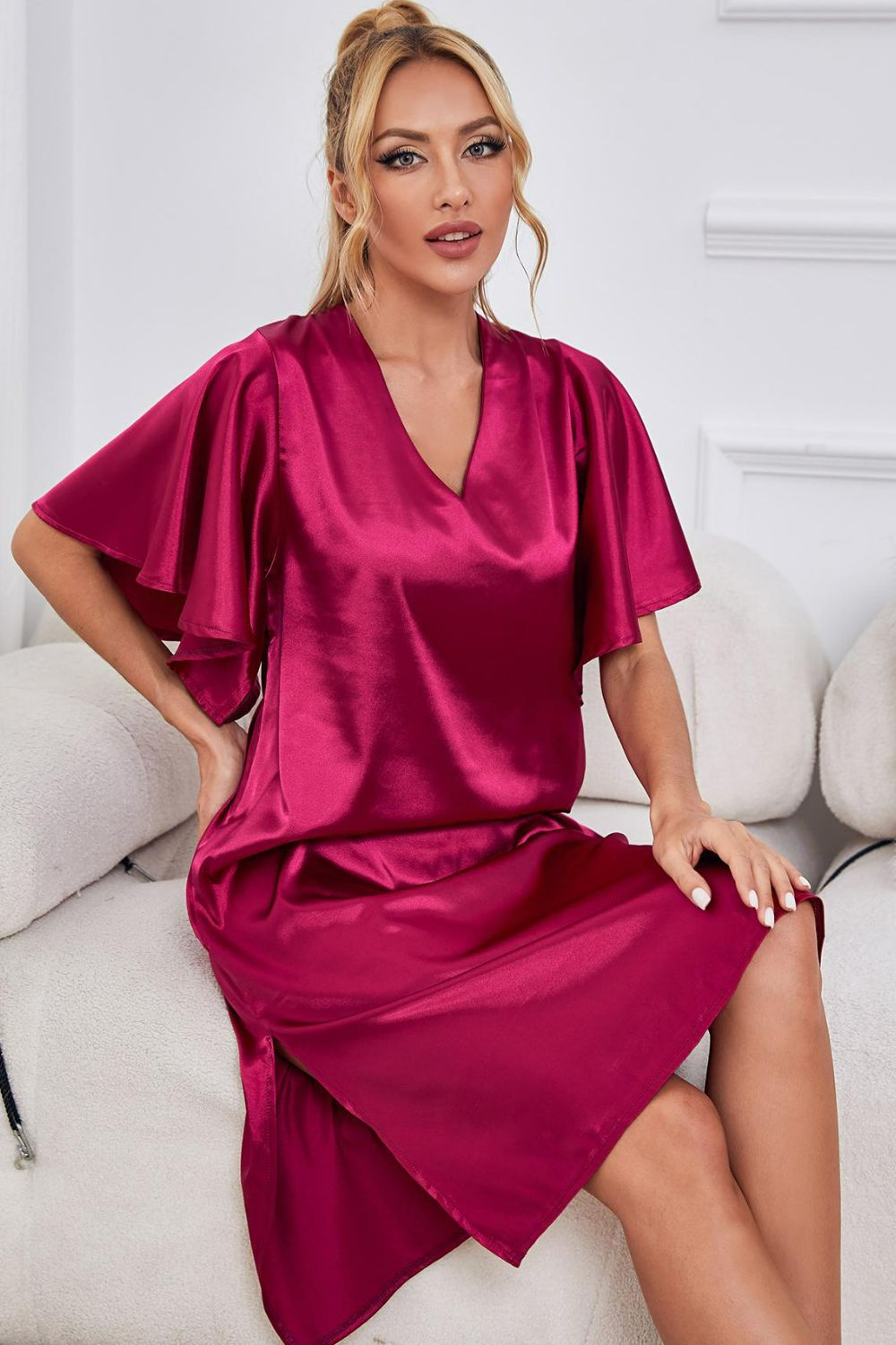 Satin Flutter Sleeve Side Slit V-Neck Night Dress in Teal for Women