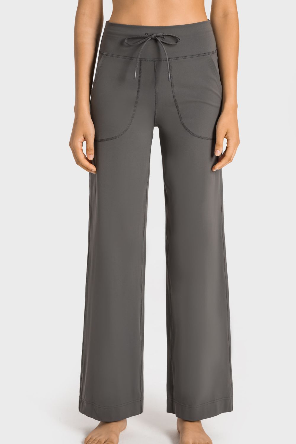 Drawstring Waist Wide Leg Sports Pants with Pockets in Gray for Women