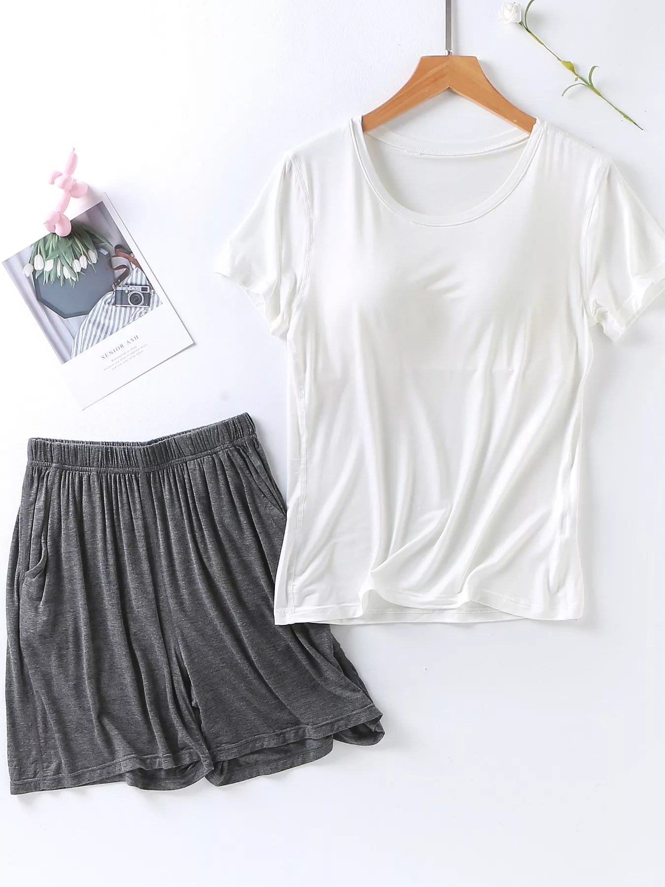 Plus Size Padded Round Neck Modal T-Shirt and Shorts Set in Advanced Gray for Women