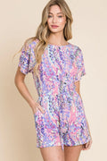 Bombom Print Short Sleeve Romper with Pockets in Plum for Women