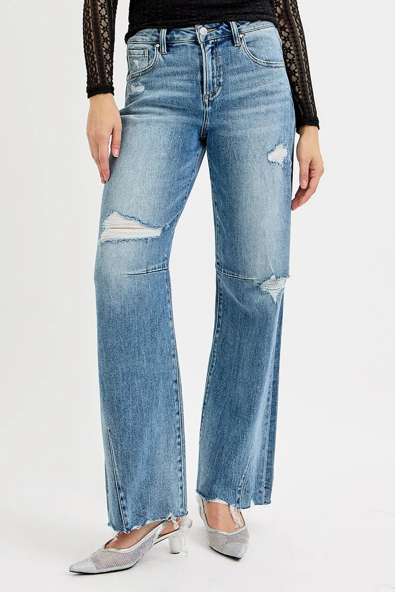 Mid Rise Fit Wide Baggy Leg Tie Washed Jeans Plus Size in Medium for Women