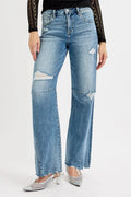 Mid Rise Fit Wide Baggy Leg Tie Washed Jeans Plus Size in Medium for Women