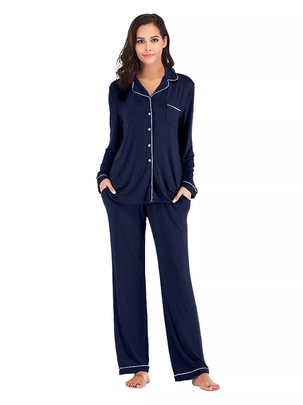 Collared Neck Long Sleeve Loungewear Set with Pockets in Navy for Women
