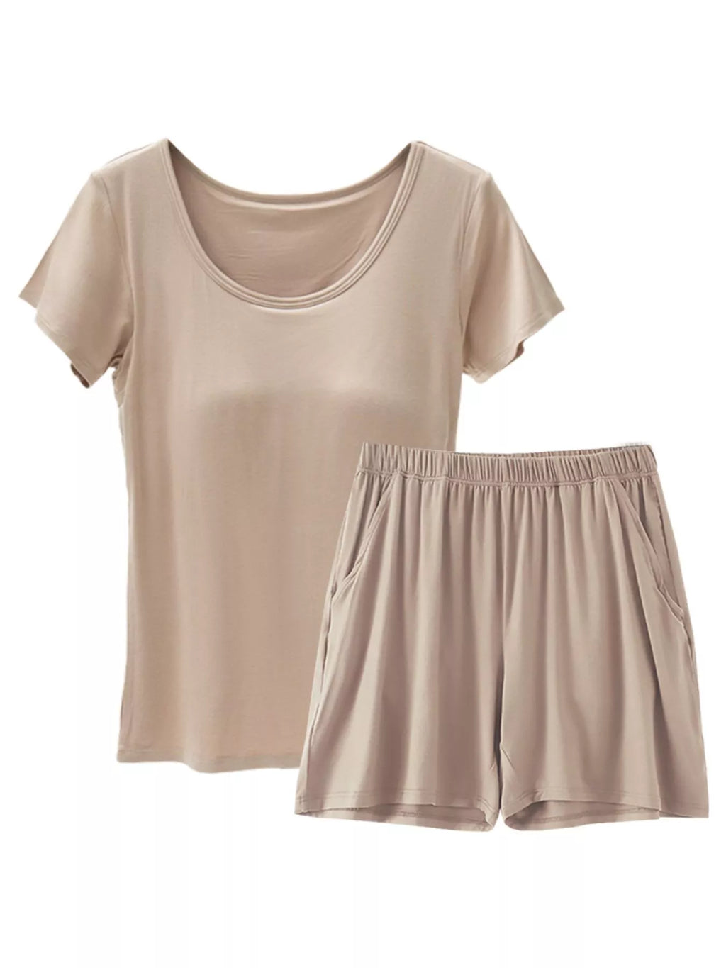 Plus Size Padded Modal Short Sleeve T-Shirt and Shorts Set in Khaki for Women