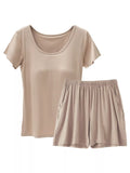 Plus Size Padded Modal Short Sleeve T-Shirt and Shorts Set in Khaki for Women