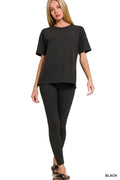 Brushed Dty Microfiber Short Sleeve Top and Pants Loungewear Set Plus Size in Black for Women