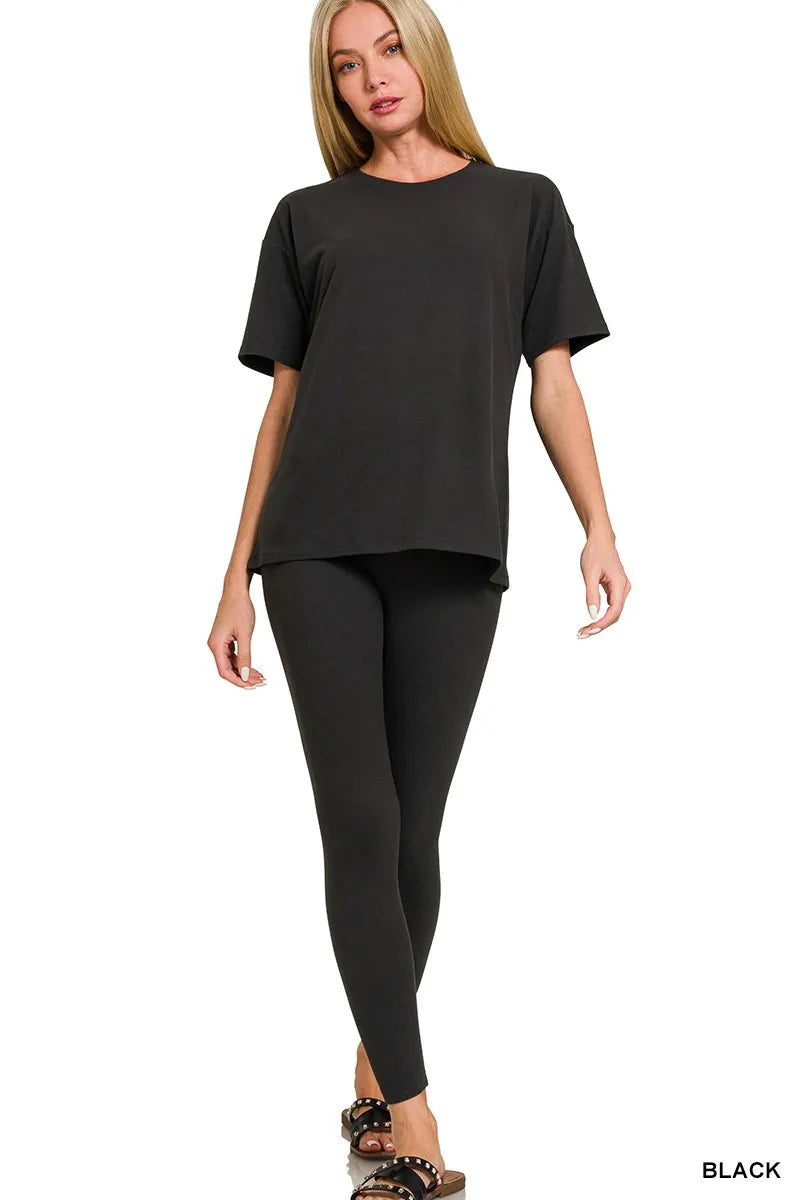 Brushed Dty Microfiber Short Sleeve Top and Pants Loungewear Set Plus Size in Black for Women