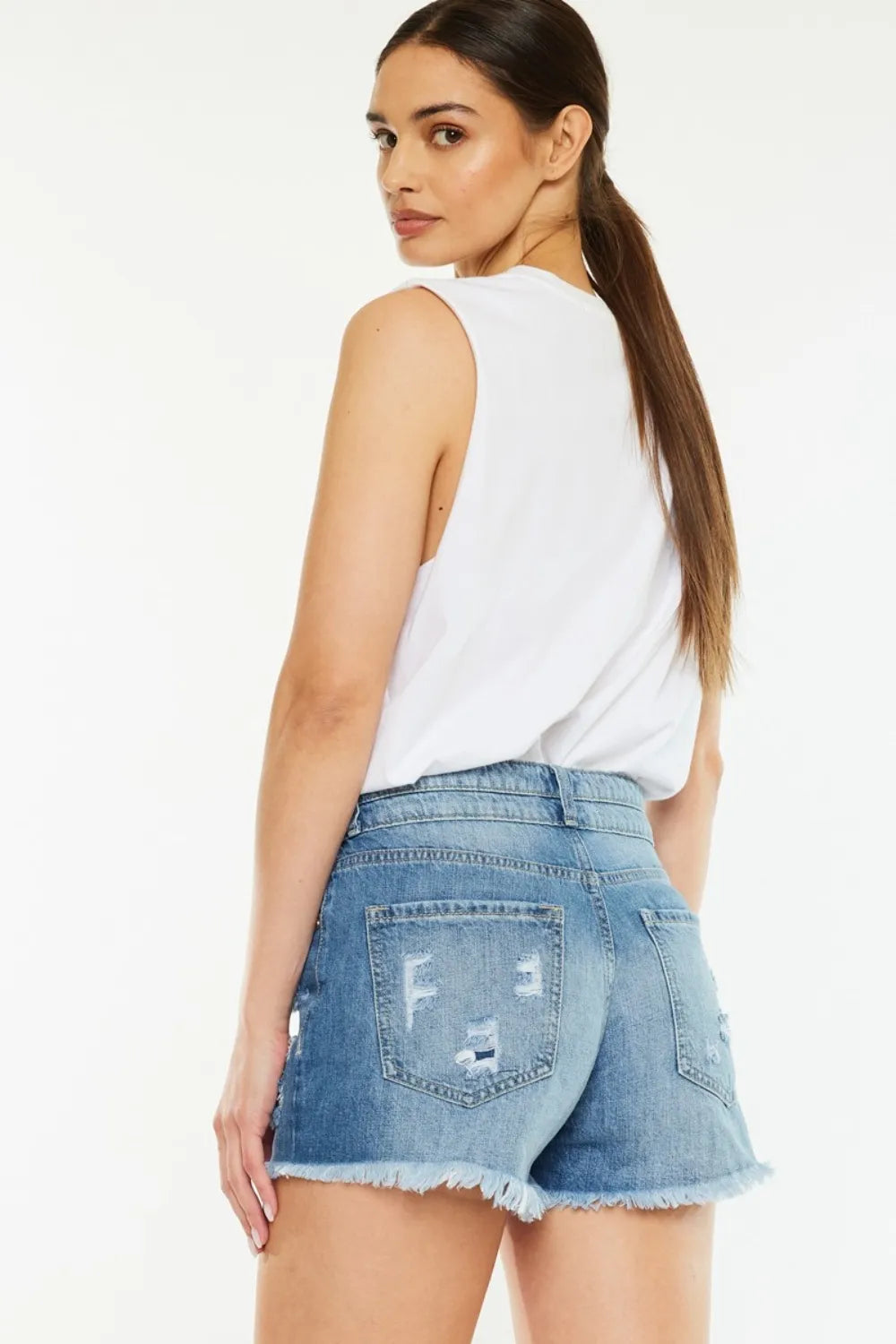Plus Size High Rise Raw Hem Denim Shorts in Medium for Women