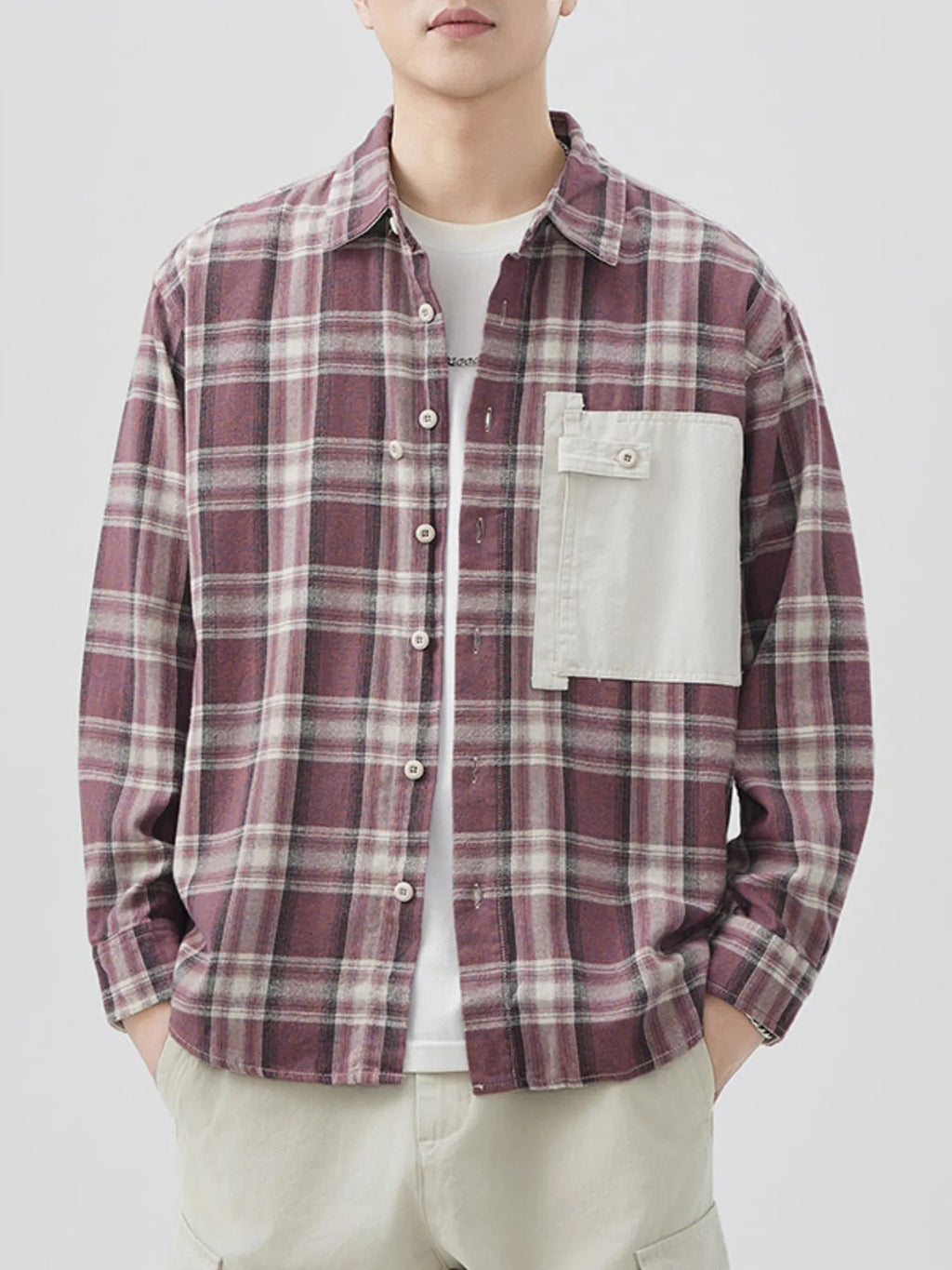 Plus Size Plaid Button Down Shirt with Contrast Pocket in Pink for Men
