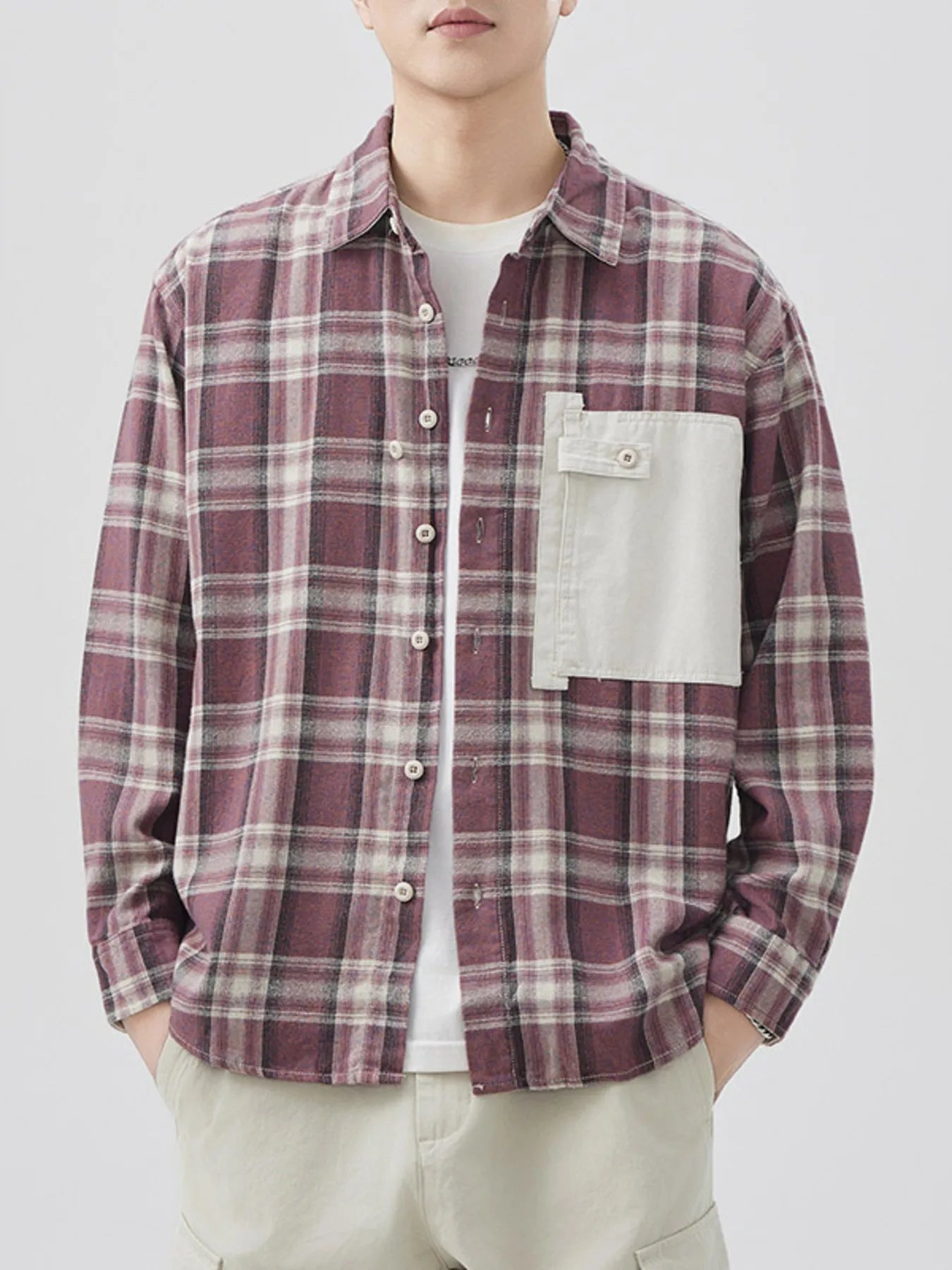 Plus Size Plaid Button Down Shirt with Contrast Pocket in Pink for Men