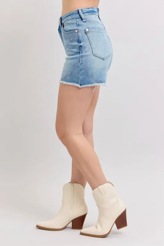 High Waist Western Embroidery Detail Cut Off Denim Shorts Plus Size in Light for Women
