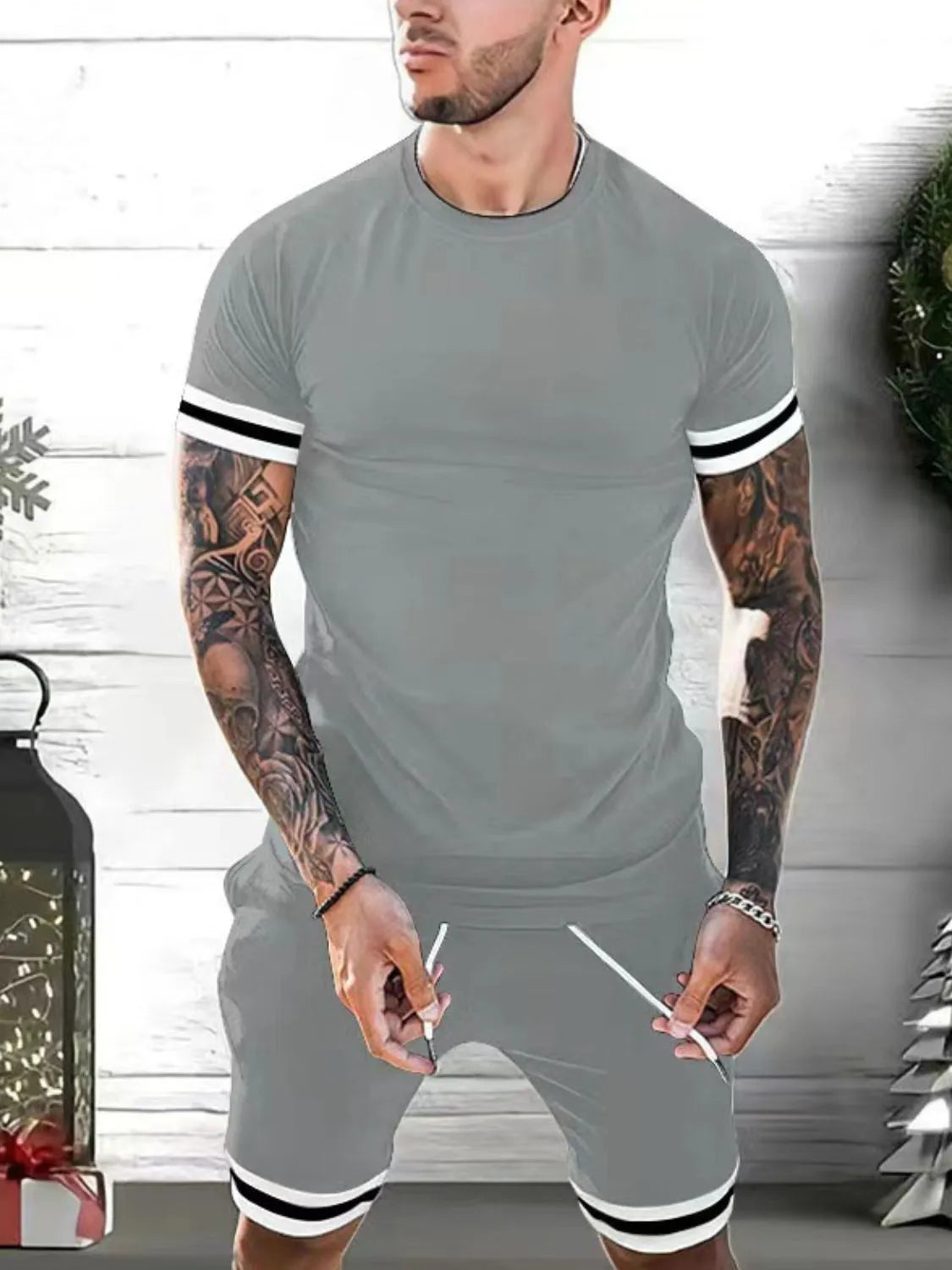 Plus Size Round Neck Short Sleeve Top and Shorts Set in Classic in White for Men
