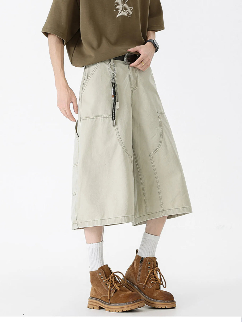 Wide Leg Cargo Denim Shorts Plus Size in Military Green for Men
