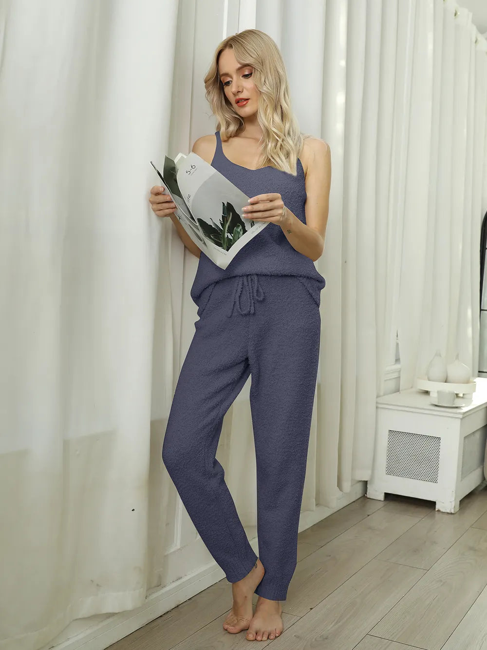 Fuzzy V-Neck Cami and Pants Lounge Set in Dusty Blue for Women
