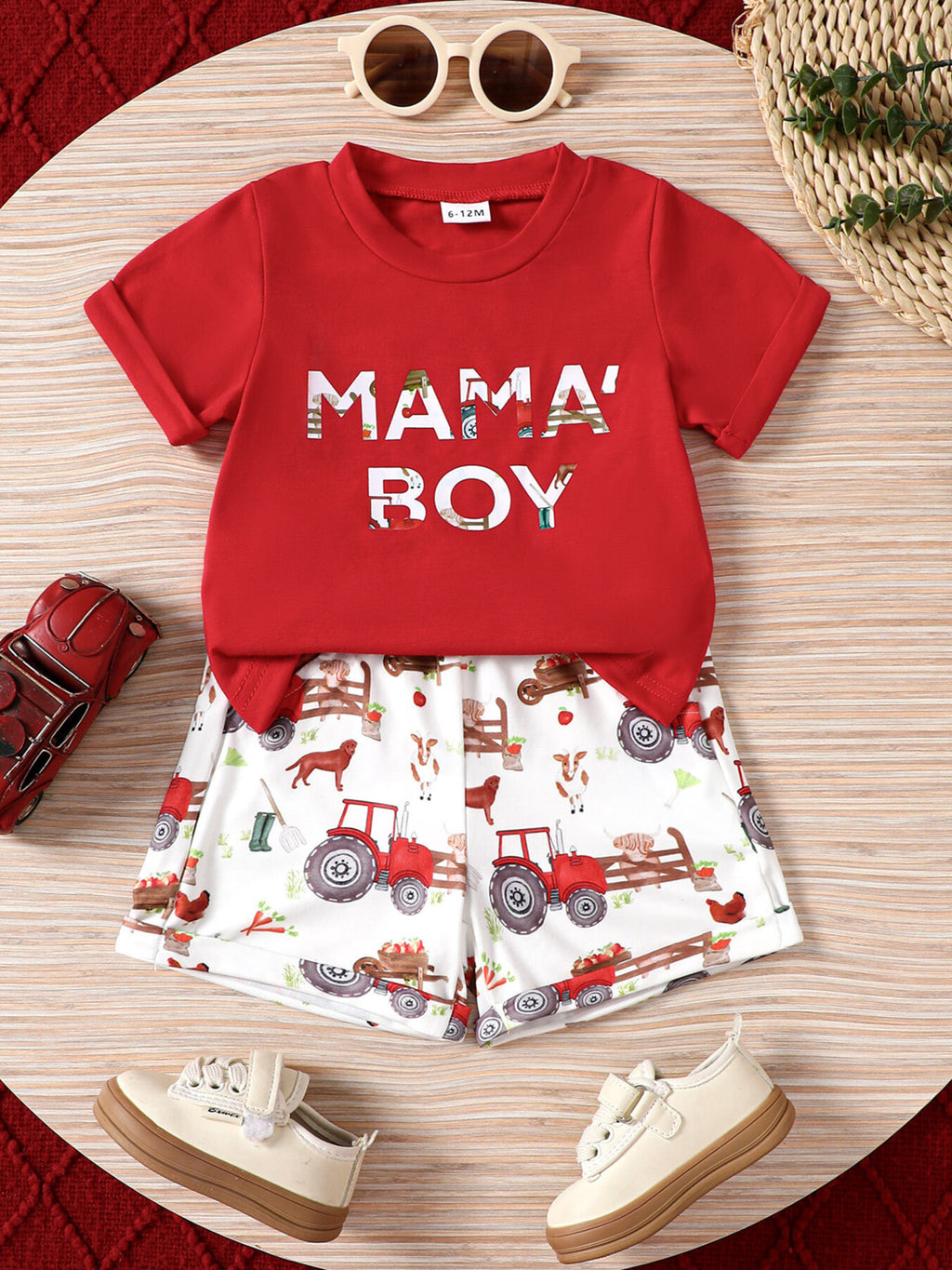 Mama Boy Graphic Casual Tee and Shorts Set in Deep Red for Boys