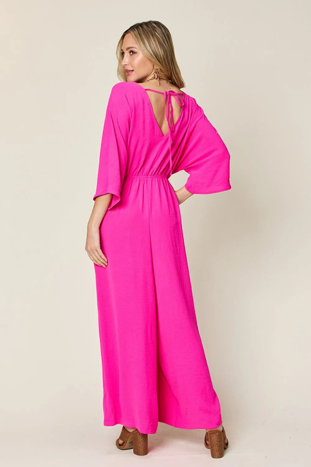Plus Size Surplice Wide Leg Jumpsuit with Pockets in Hot Pink for Women